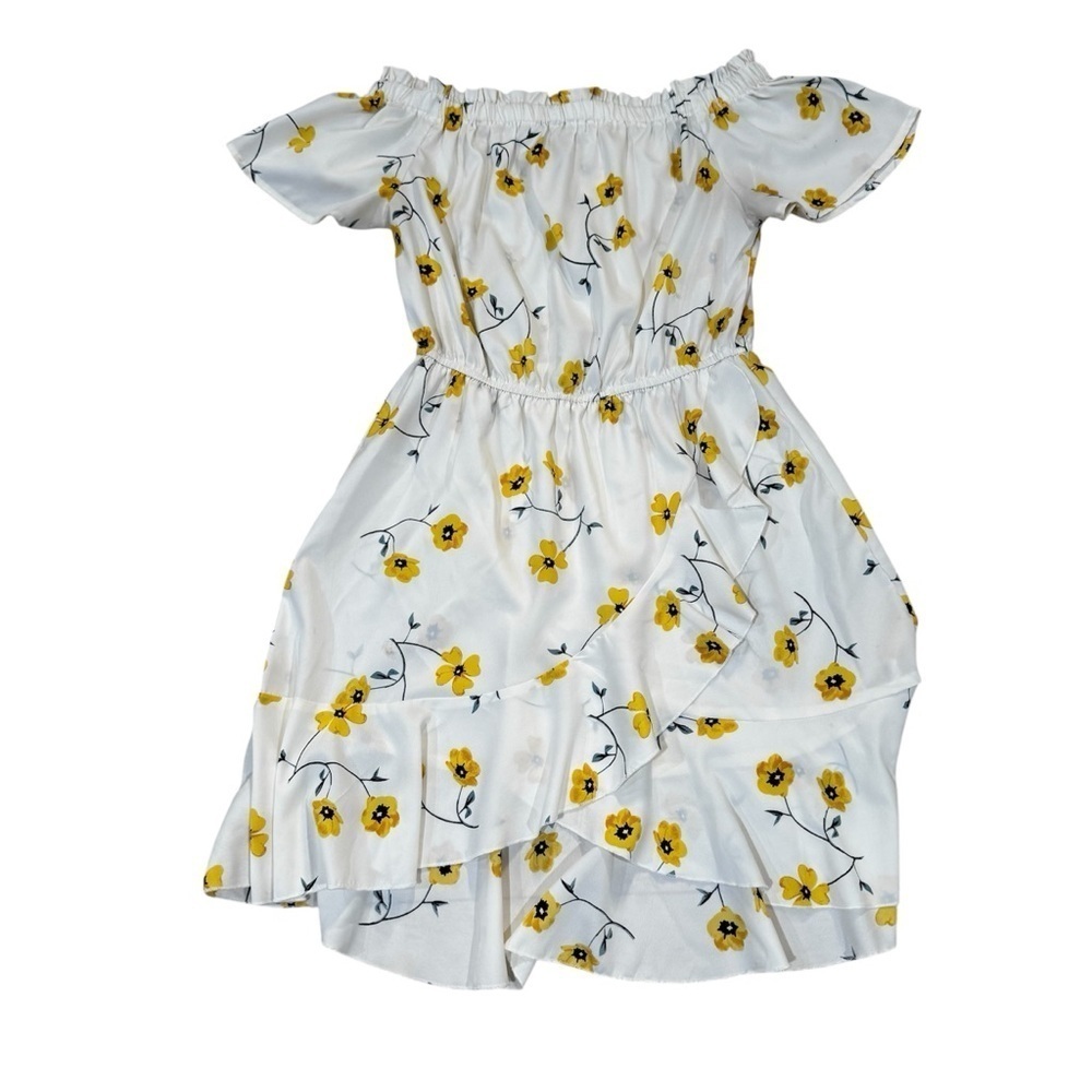 Blush white yellow & blue floral off the shoulder mini dress, faux wrap, M.